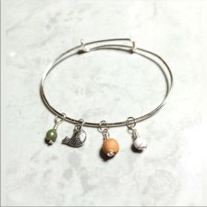 Handmade Silver Plated Oval Adjustable Fish Charm Green Jasper Bangle Bracelet